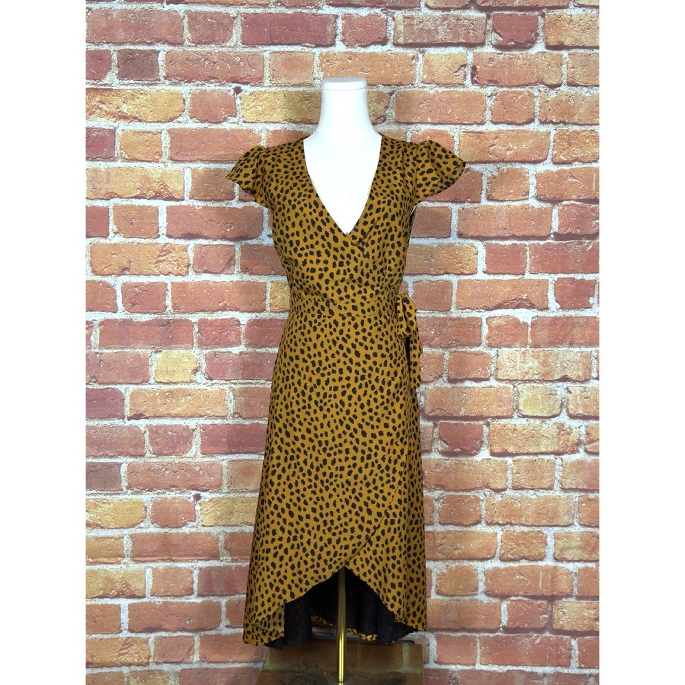 BB Dakota Wrap Midi Short Sleeve Dress Cheetah Boho Women's XS NWT